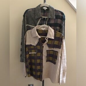 POL Patchwork Plaid Button-Up Jacket in Beige, Olive & Purple